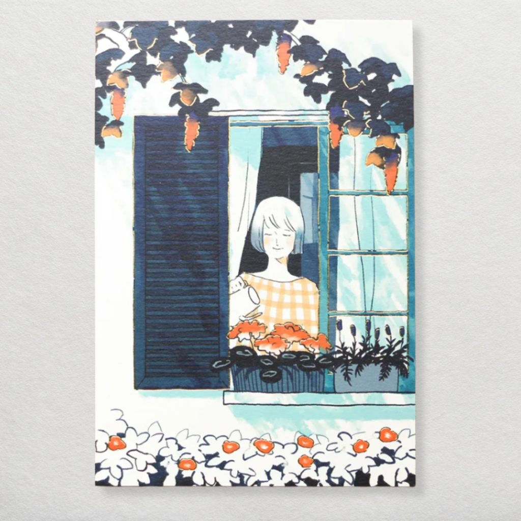 Postcard – Watering plants by the Window by Sayuri Fujimaki