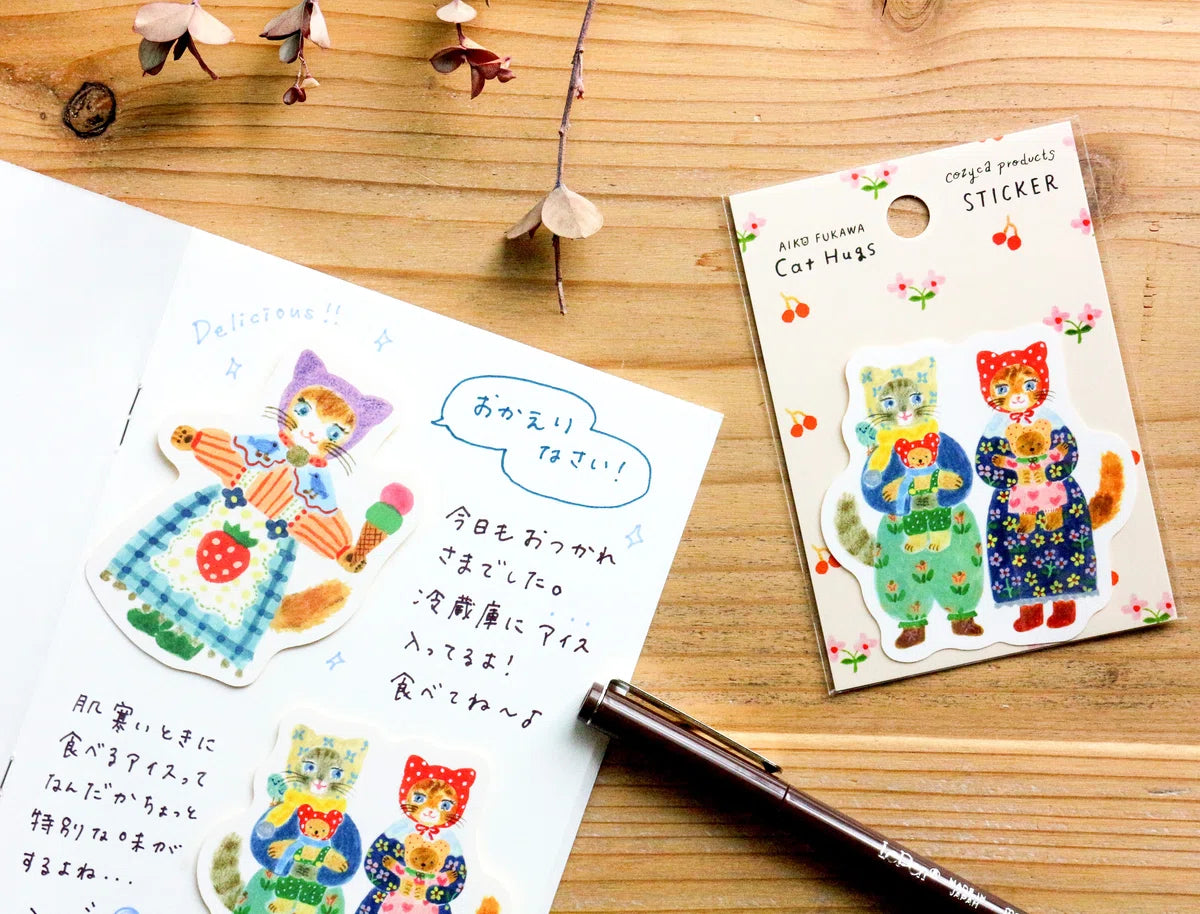 Water-Resistant Sticker – Cat Hugs by Aiko Fukawa